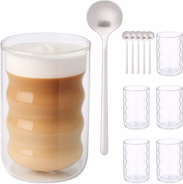 Set de 6 vasos para latte macchiato de vidrio de doble pared con cucharas de relaxdays, diseño en espiral, transparentes y plateados, 350 ml