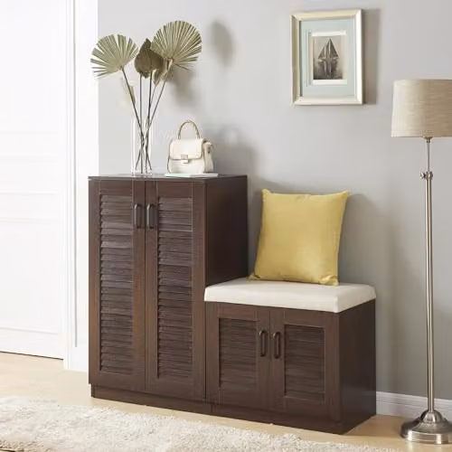 Mueble zapatero con banco en.casa Løten con 9 compartimentos para 18 pares de calzado, puertas de rejilla y acabado efecto wengué, An/P/Al: 120 x 36 x 97 cm