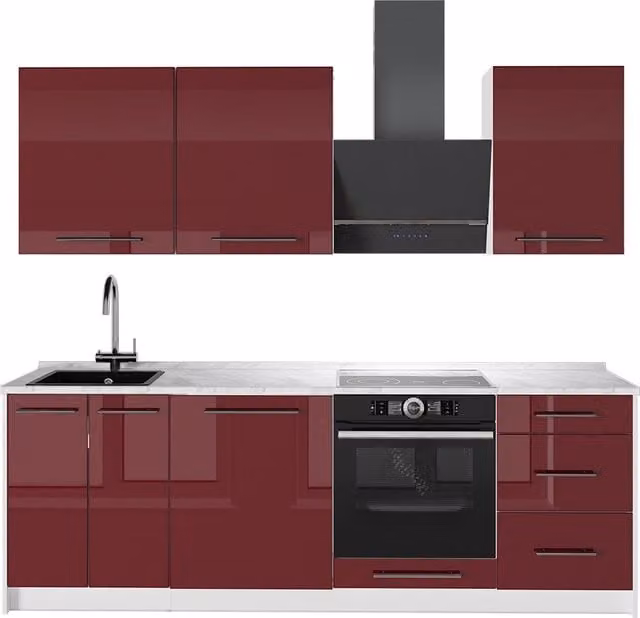 Mueble de cocina Vicco Fame-Line en rojo burdeos alto brillo y blanco, An/P/Al: 230 x 60 x 157 cm