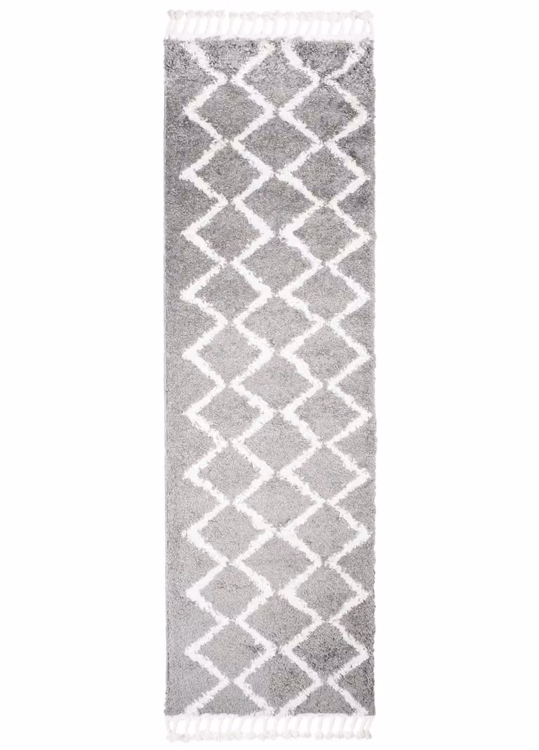 Alfombra de pasillo Tapiso estilo kilim boho con flecos en gris y beige, An/P: 100 x 400 cm