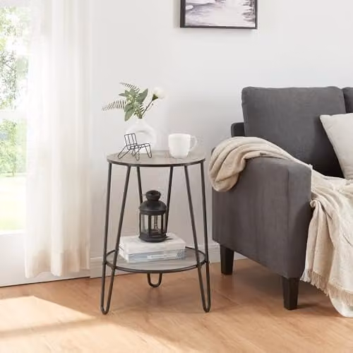 Mesa auxiliar redonda con estante en MDF y metal en negro y efecto roble de en.casa Al x An x P: 61 x 44 x 44 cm