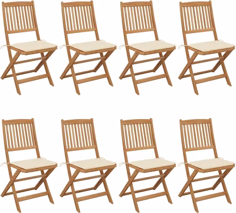 Set de 8 sillas de jardín plegables Syfax de madera de acacia con cojines beige y marrón