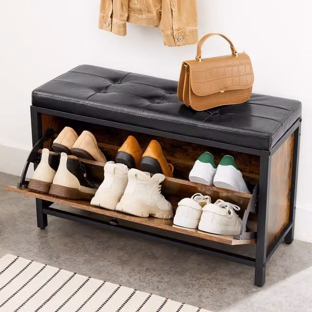 Banco zapatero industrial VASAGLE con asiento acolchado de polipiel y estructura de metal, marrón y negro