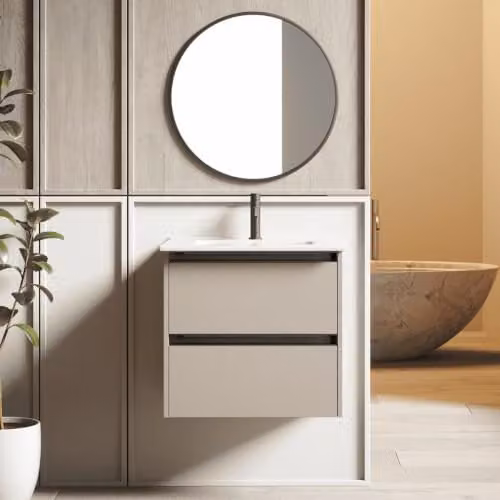 Mueble de baño suspendido BAÑO TOTAL con lavabo cerámico y cajones con cierre suave en acabado roble y blanco