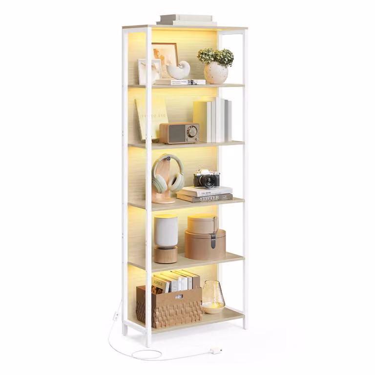 VASAGLE Estantería de 6 Niveles con Luz LED Integrada en Beige y Blanco, An/P/Al: 60 x 30,3 x 178 cm