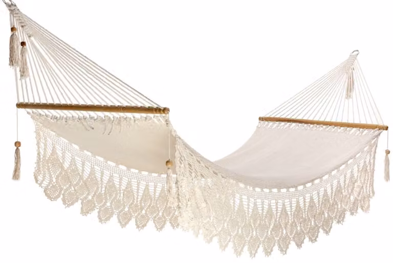 Hamaca Hamac del sol de estilo boho en color blanco con materiales de madera, metal y algodón para adultos y jardín