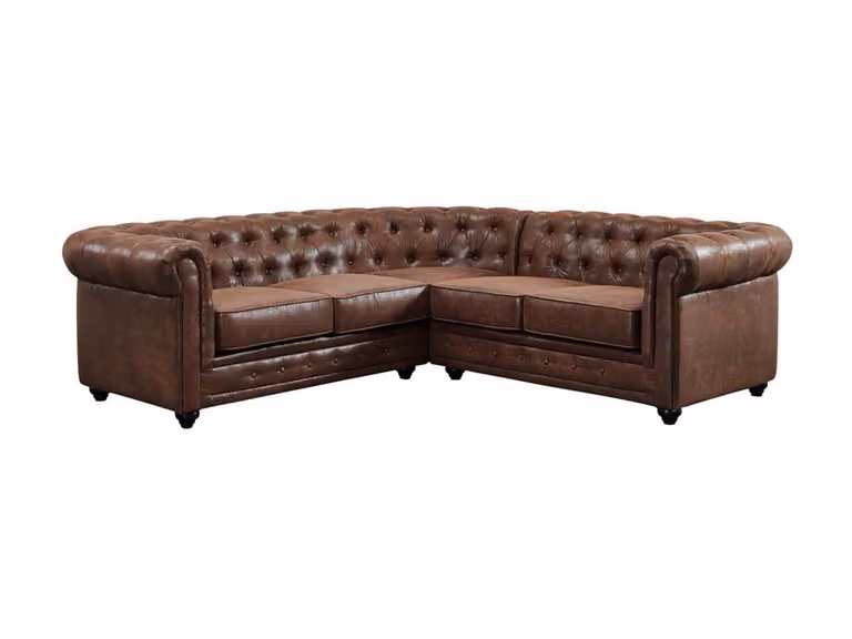 Sofá rinconera reversible Chesterfield Vente-Unique de microfibra color marrón con estructura de madera sólida y cojines incluidos An/P/Al: 228 x 155 x 81 cm