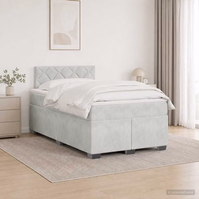 Cama box spring Maison Exclusive con colchón de muelles ensacados en terciopelo gris y blanco, An/P: 120 x 200 cm