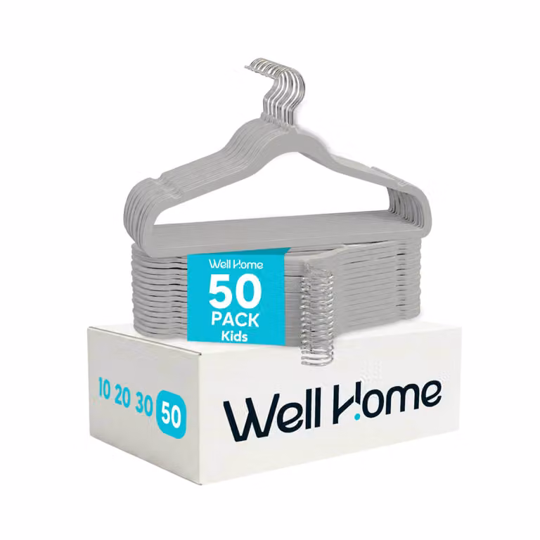 Set de 50 perchas infantiles de terciopelo antideslizantes WELLHOME en color gris con ganchos giratorios