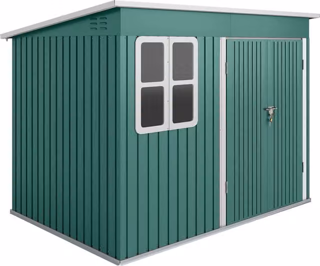 Cobertizo metálico Outsunny para almacenamiento de herramientas de jardín con ventana y puerta ancha, verde, An/P/Al: 260 x 177 x 190 cm