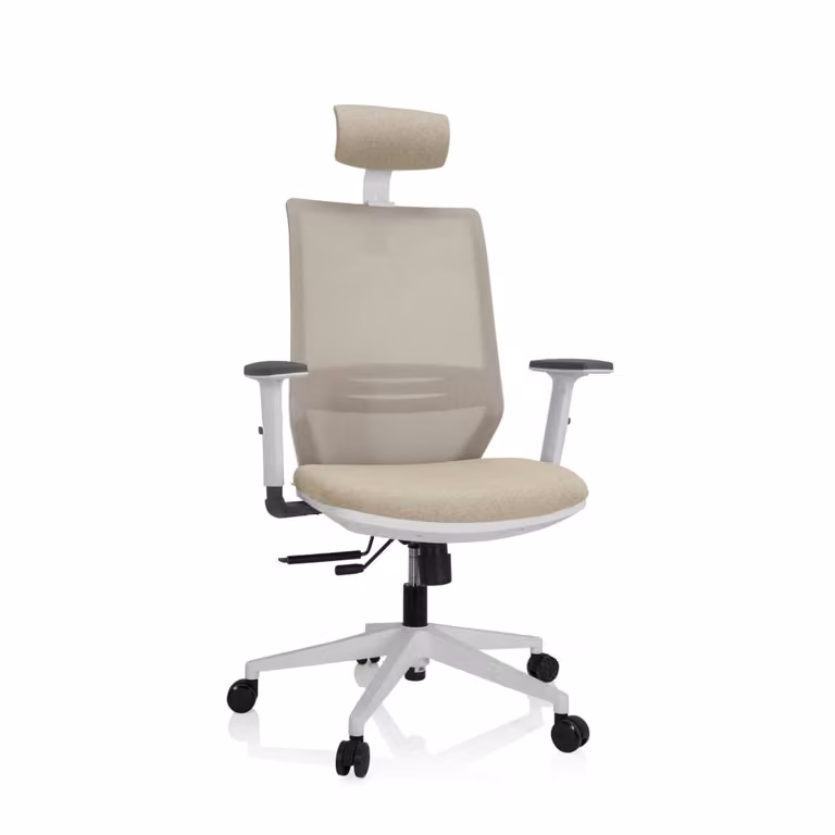 Silla de oficina ergonómica profesional hjh office Profondo Pro W en tejido de malla beige con reposacabezas y altura ajustable