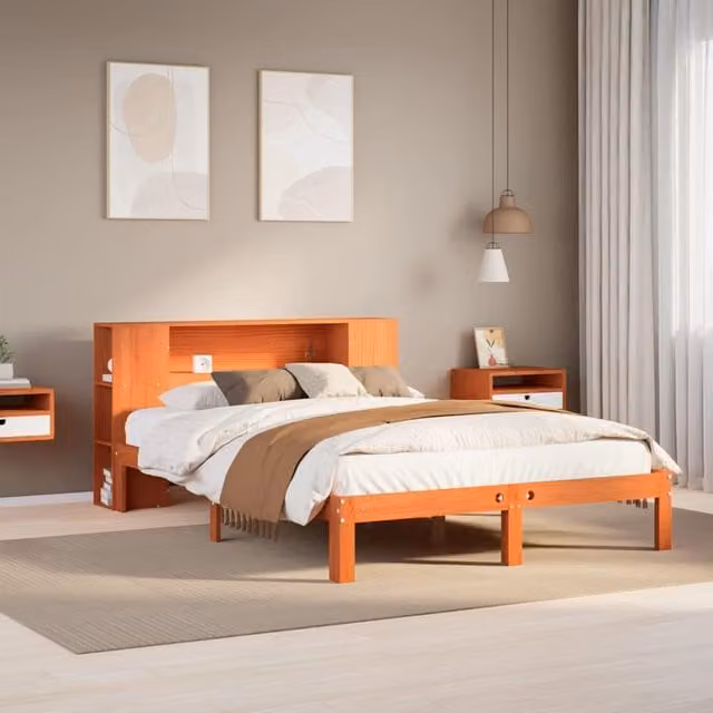 Cama con estantería Maison Exclusive de madera maciza de pino en color marrón An/P/Al: 135 x 190 x 82 cm
