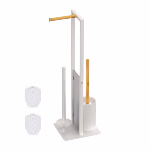 Conjunto de baño de pie Relaxdays con escobilla, portarrollos y soporte para repuesto, Blanco/Beige, Al x An x P: 65 x 21 x 18 cm