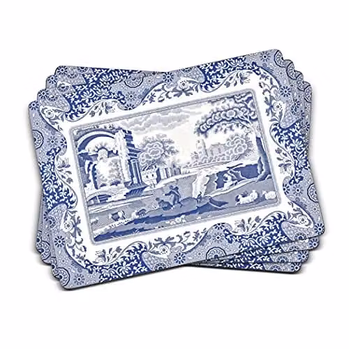 Set de 4 manteles individuales Spode Blue Italian con diseño floral en azul y blanco, de corcho, An/P/Al: 40,1 x 29 x 0,58 cm