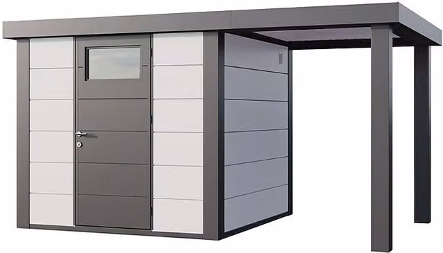 Caseta para jardín Telluria Classic con salón abierto, acero galvanizado, Blanco/Antracita, An/Pr: 426 x 258 cm