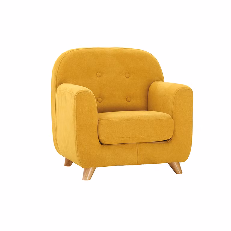 Sillón nórdico para niños NORKID con estructura de madera y tejido aterciopelado en color amarillo