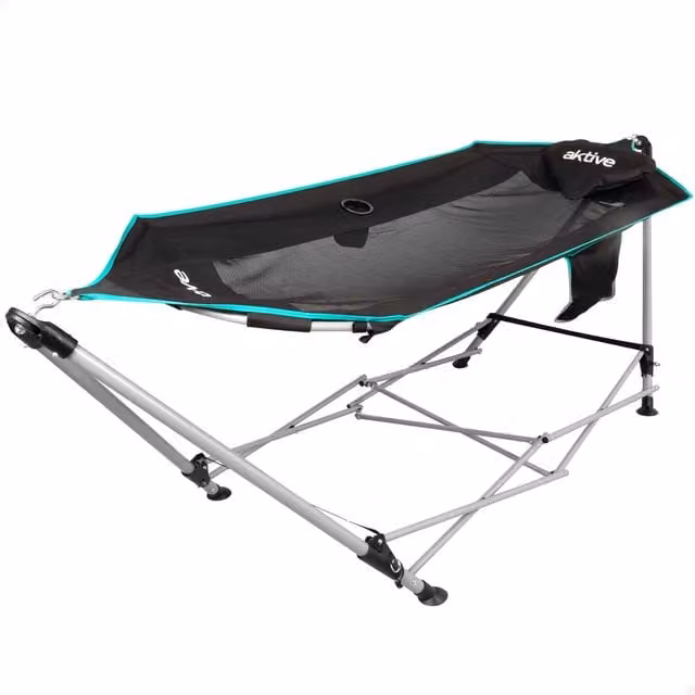 Hamaca Plegable Aktive con Estructura de Acero y Posavasos, Gris, Al x An x P: 265 x 78 x 80 cm