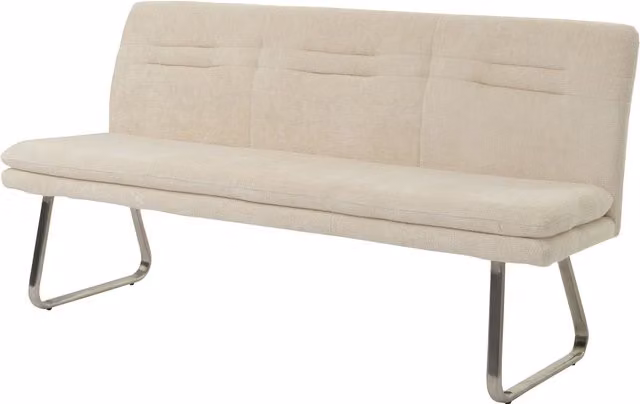 Banco de comedor tapizado Mendler HWC-H70 con respaldo de tela y estructura de metal, color beige y plata, An: 180 cm, Al: 120 cm, An/P/Al: 180 x 58 x 43 cm