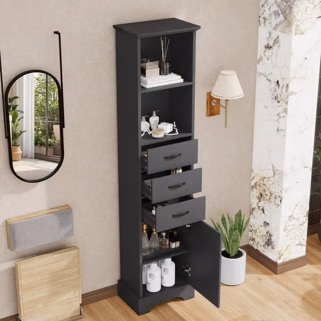 Columna de baño MODFU en negro con 1 puerta, 3 cajones y nichos abiertos, fabricada en MDF lacado. An/P/Al: 38 x 26 x 172,5 cm