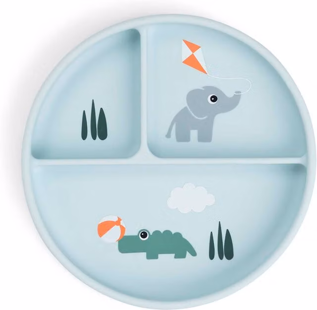 Plato compartimentado de silicona con ventosa Tiny Farm de Done by Deer en color azul