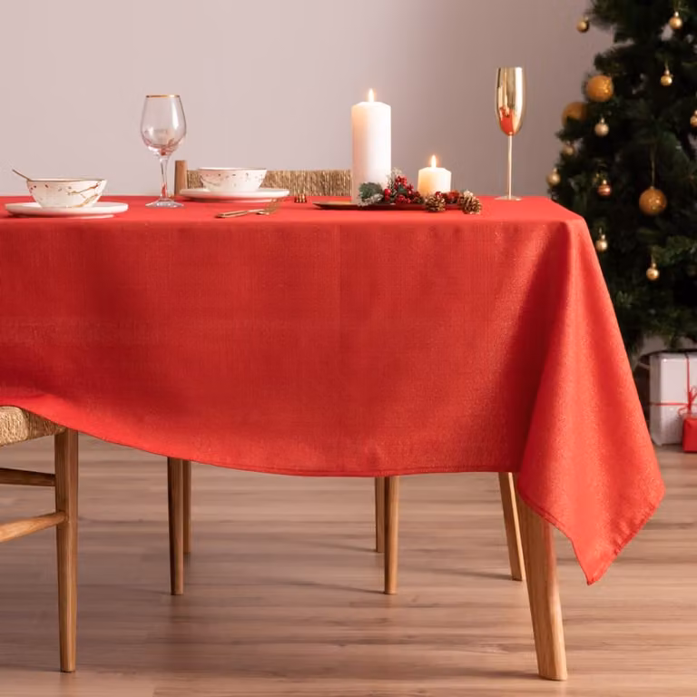 Mantel de Navidad Mint de algodón en rojo y oro, repelente al agua y fácil de cuidar, An/P/Al: 300 x 155 cm