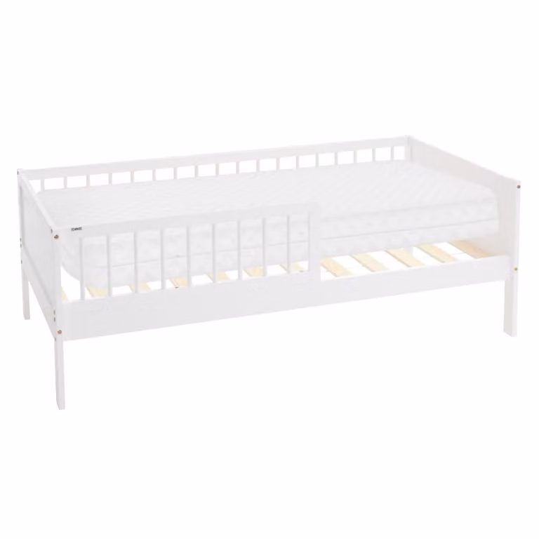 Cama infantil ML-Design de madera de pino blanca con colchón de espuma y barandilla abatible An/P/Al: 160 x 80 x 80 cm