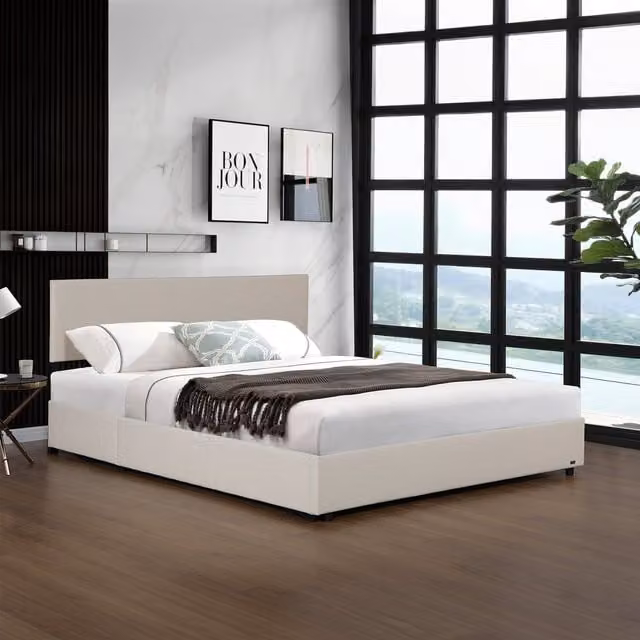 Cama tapizada Juva Corium con somier abatible y cabecero de pana en color beige, An/P/Al: 160 x 200 x 101,5 cm