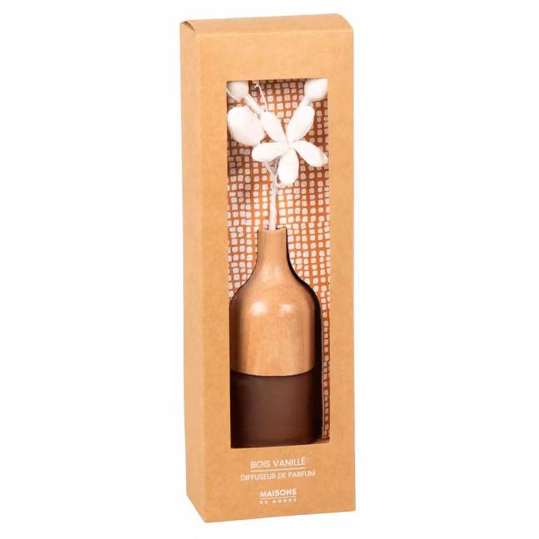 Difusor de varillas Maisons du Monde con fragancia de madera y vainilla de 30 ml en madera y vidrio color beige y marrón