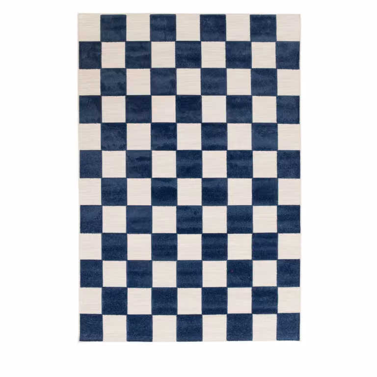 Alfombra de interior y exterior con motivos geométricos retro en azul y blanco, An/P: 160 x 230 cm
