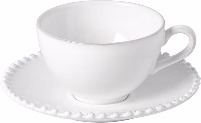 Taza de té con plato Pearl de Costa Nova en color blanco de cerámica de gres