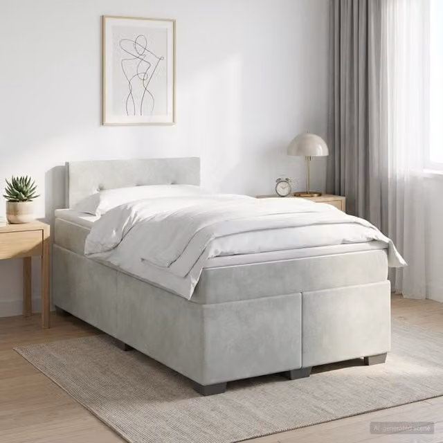 Cama box spring híbrida Maison Exclusive con colchón de muelles ensacados en terciopelo gris y blanco, An/P/Al: 120 x 200 x 76,7 cm