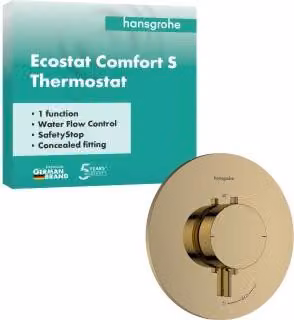 Termostato de ducha empotrado Hansgrohe Ecostat Comfort S con acabado en oro pulido y botón de seguridad SafetyStop