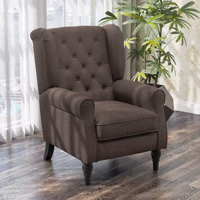 Sillón de estilo francés PZCC con asiento ancho, tapizado en terciopelo marrón y patas de madera para dormitorio, salón u oficina