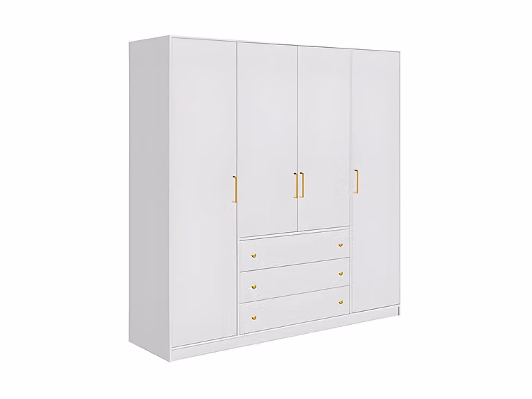 Armario moderno de 4 puertas y cajones VENTE-UNIQUE en blanco y dorado, Ancho: 196 cm, Alto: 200 cm, Profundidad: 58 cm