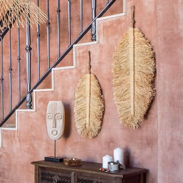 Set de 2 decoraciones de pared Atmosphera Createur d'Interieur en rafia y madera color beige de 29 cm