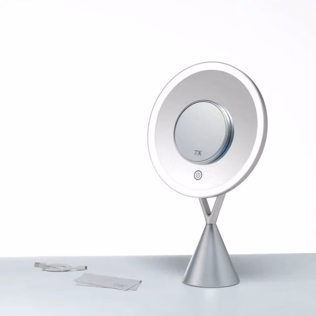 Espejo cosmético de sobremesa Manillons Torrent con aumento auxiliar, luz LED y batería recargable en color plata