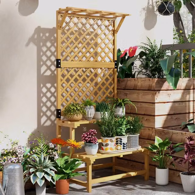 Soporte para plantas Outsunny de 2 niveles con celosía y techo en madera de abeto, color amarillo, An/P/Al: 75 x 50 x 166 cm