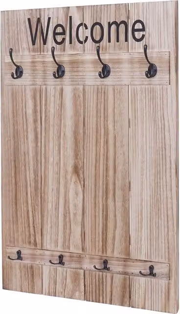 Perchero de pared HHG Welcome con estilo shabby vintage en madera de paulownia y color marrón natural, An: 91 cm, Al: 60 cm