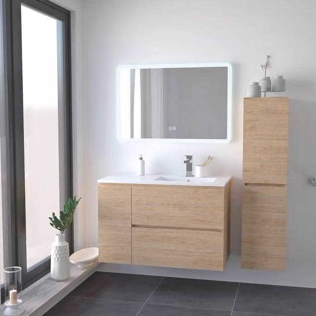 Mueble de baño moderno Ondee con espejo Athena y acabado blanco mate con iluminación LED y sistema anti-vaho