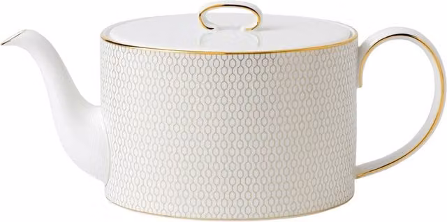 Tetera Arris Wedgwood de porcelana bone china en color blanco y dorado con diseño geométrico