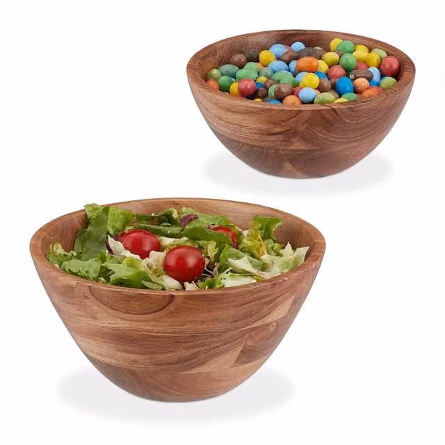 Set de 2 ensaladeras y fruteros redondos de madera de acacia de relaxdays, color marrón, ø 19 y 25 cm