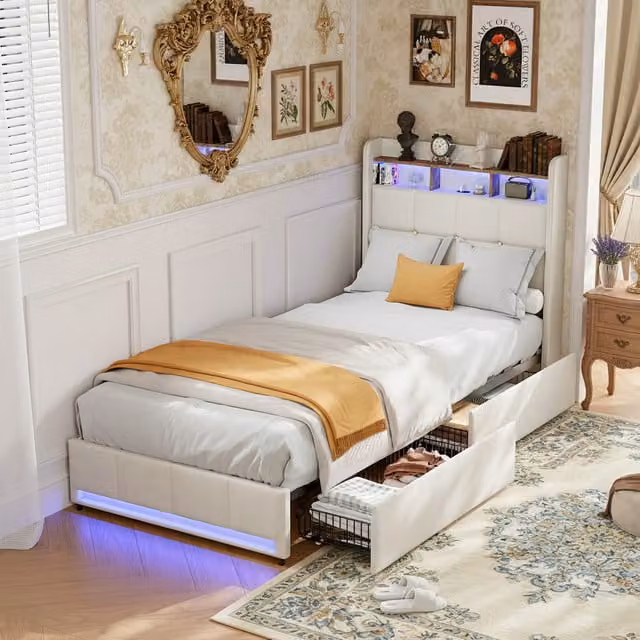 Cama Individual NAHILIMI con Almacenaje, 2 Cajones, Cabecero con Iluminación LED y Puertos USB/USB-C, Somier de Lamas, Tapizada en Tela, Beige, 90x200 cm