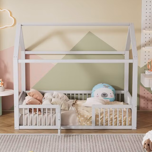 Cama Casita Individual MODENVIE para Niños en Madera de Pino y MDF, Color Blanco, An/P/Al: 90 x 200 x 120 cm