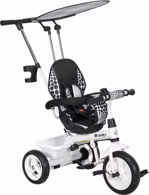 Triciclo para bebés HOMCOM de más de 12 meses con toldo plegable, mango de empuje telescópico y portabotellas en color blanco