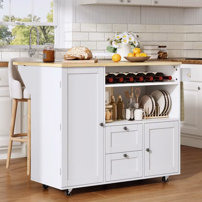 Carrito de cocina móvil OKWISH con estante para botellas, cajones y soporte para toallas, isla de cocina moderna en color blanco, An/P/Al: 104 x 45 x 89 cm