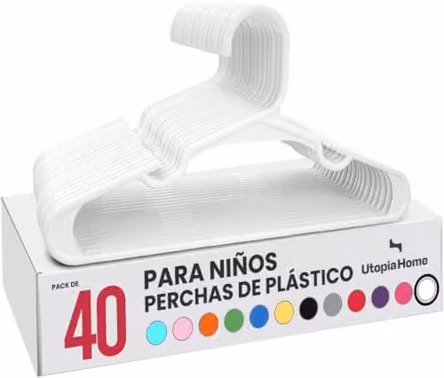 Pack de 40 perchas de plástico antideslizantes para niños de Utopia Home, color blanco, Ancho: 29,2 cm