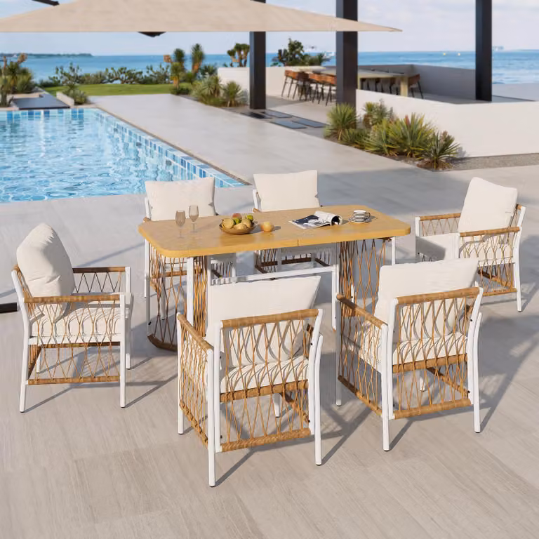 Conjunto de muebles de jardín STILVORA con mesa rectangular y 6 sillas de ratán y hierro en color blanco
