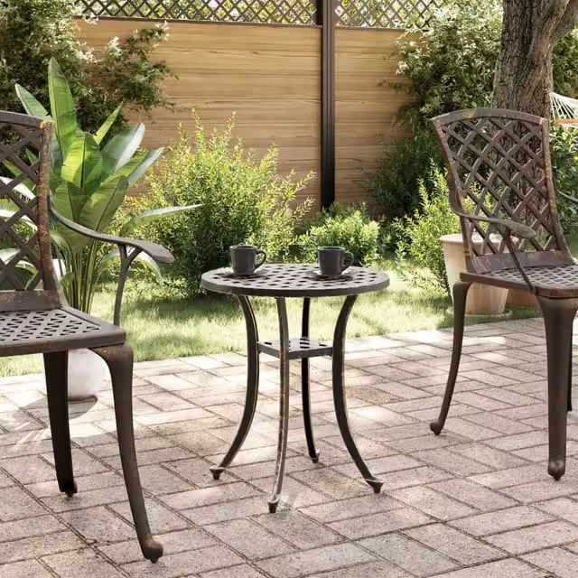 Mesa de jardín Syfax de aluminio fundido en color bronce con acabado mate y diseño redondo, Diámetro: 48 cm, Altura: 53 cm