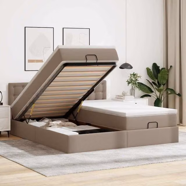 Estructura de cama otomana Maison Exclusive en cuero sintético color cappuccino con base abatible y puerto de carga USB, An/P/Al: 180 x 200 x 203 cm