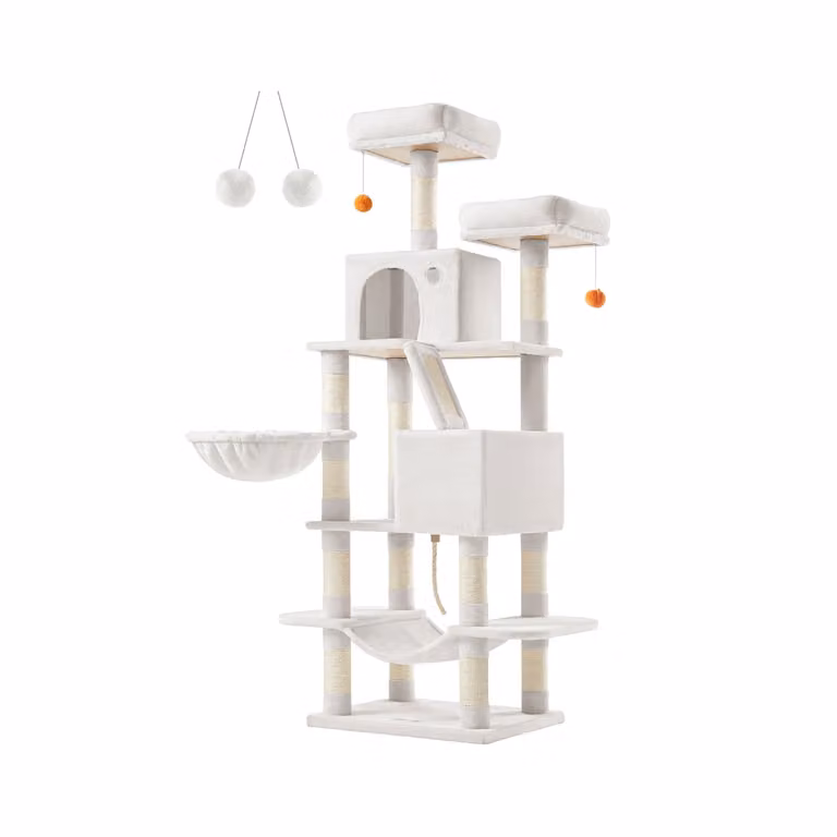 Rascador para gatos Feandrea multinivel con cueva, hamaca y juguetes, color blanco, Altura: 168 cm